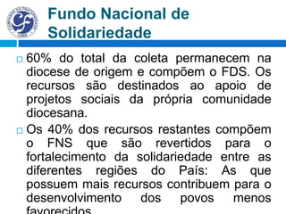 Fundo Nacional de
Solidariedade
 60% do total da coleta permanecem na
diocese de origem e compõem o FDS. Os
recursos são destinados ao apoio de
projetos sociais da própria comunidade
diocesana.
 Os 40% dos recursos restantes compõem
o FNS que são revertidos para o
fortalecimento da solidariedade entre as
diferentes regiões do País: As que
possuem mais recursos contribuem para o
desenvolvimento dos povos menos
 