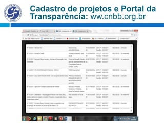 Cadastro de projetos e Portal da
Transparência: ww.cnbb.org.br
 
