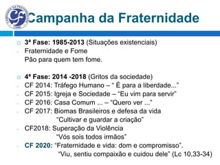Campanha da Fraternidade
 3ª Fase: 1985-2013 (Situações existenciais)
- Fraternidade e Fome
Pão para quem tem fome.
 4ª Fase: 2014 -2018 (Gritos da sociedade)
- CF 2014: Tráfego Humano – “ É para a liberdade...”
- CF 2015: Igreja e Sociedade – “Eu vim para servir”
- CF 2016: Casa Comum ... – “Quero ver ...”
- CF 2017: Biomas Brasileiros e defesa da vida
“Cultivar e guardar a criação”
- CF2018: Superação da Violência
“Vós sois todos irmãos”
- CF 2020: “Fraternidade e vida: dom e compromisso”.
“Viu, sentiu compaixão e cuidou dele” (Lc 10,33-34)
 