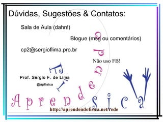 Dúvidas, Sugestões & Contatos:
Sala de Aula (dahn!)
Blogue (msg ou comentários)
cp2@sergioflima.pro.br
Não uso FB!
Prof. Sérgio F. de Lima
@apfisica

http://aprendendofisica.net/rede

 