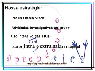 Nossa estratégia:
Exposição teórica e resolução de exercícios.
Praxis Omnia Vincit !
Atividades investigativas em grupo;
Uso intensivo das TICs;
Estudo (

intra e extra sala) e disciplina!
http://aprendendofisica.net/rede

 