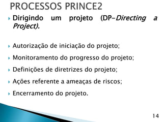    Dirigindo    um    projeto    (DP-Directing   a
    Project).

   Autorização de iniciação do projeto;
   Monitoramento do progresso do projeto;
   Definições de diretrizes do projeto;
   Ações referente a ameaças de riscos;
   Encerramento do projeto.


                                                  14
 