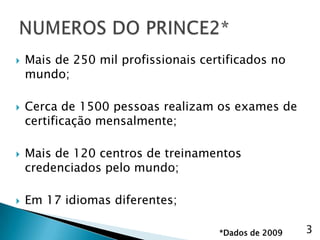    Mais de 250 mil profissionais certificados no
    mundo;

   Cerca de 1500 pessoas realizam os exames de
    certificação mensalmente;

   Mais de 120 centros de treinamentos
    credenciados pelo mundo;

   Em 17 idiomas diferentes;

                                     *Dados de 2009   3
 