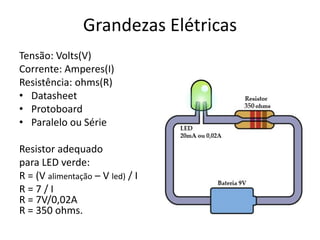 Grandezas Elétricas
Tensão: Volts(V)
Corrente: Amperes(I)
Resistência: ohms(R)
• Datasheet
• Protoboard
• Paralelo ou Série
Resistor adequado
para LED verde:
R = (V alimentação – V led) / I
R = 7 / I
R = 7V/0,02A
R = 350 ohms.
 