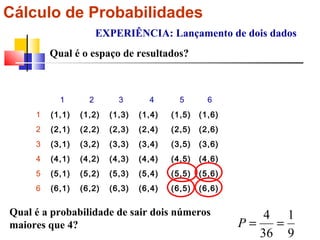 Cálculo de Probabilidades 
EXPERIÊNCIA: Lançamento de dois dados 
Qual é o espaço de resultados? 
1 2 3 4 5 6 
1 (1,1) (1,2) (1,3) (1,4) (1,5) (1,6) 
2 (2,1) (2,2) (2,3) (2,4) (2,5) (2,6) 
3 (3,1) (3,2) (3,3) (3,4) (3,5) (3,6) 
4 (4,1) (4,2) (4,3) (4,4) (4,5) (4,6) 
5 (5,1) (5,2) (5,3) (5,4) (5,5) (5,6) 
6 (6,1) (6,2) (6,3) (6,4) (6,5) (6,6) 
Qual é a probabilidade de sair dois números 
4 1 
maiores que 4? P = = 
36 
9 
 