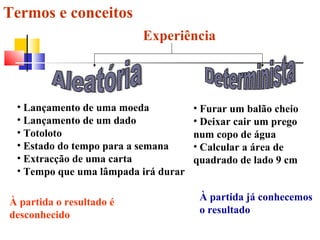 Termos e conceitos 
Experiência 
• Lançamento de uma moeda 
• Lançamento de um dado 
• Totoloto 
• Estado do tempo para a semana 
• Extracção de uma carta 
• Tempo que uma lâmpada irá durar 
• Furar um balão cheio 
• Deixar cair um prego 
num copo de água 
• Calcular a área de 
quadrado de lado 9 cm 
À partida o resultado é 
desconhecido 
À partida já conhecemos 
o resultado 
 