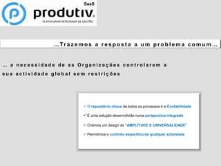 SaaS…Trazemos a resposta a um problema comum… … a necessidade de as Organizações controlarem a sua actividade global sem restrições O repositório chave de todos os processosé a Contabilidade