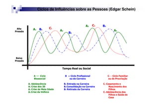 Ciclos de Influências sobre as Pessoas (Edgar Schein)
B1
B2
B3
C1
C2
Alta
Pressão
Baixa
Pressão
Tempo Real ou Social
A1
A2
A3
A4
A1 Adolescência
A2 Crise dos 30
A3 Crise da Meia Idade
A4 Crise da Velhice
A Ciclo
Biossocial
C1 Casamento e
Nascimento dos
Filhos
C2 Adolescência dos
Filhos e Saída de
Casa
C Ciclo Familiar
ou de Procriação
B1 Entrada na Carreira
B2 Consolidação na Carreira
B3 Retirada da Carreira
B Ciclo Profissional
ou de Carreira
 