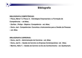 Bibliografia
BIBLIOGRAFIA COMPETÊNCIAS:
• Fleury, Maria T. e Fleury A. - Estratégias Empresariais e a Formação de
Competências – ed Atlas;
• Zarifian , Philipe - Objetivo: Competência – ed. Atlas;
• Dutra, Joel - Competências: Conceitos e Instrumentos para a Gestão de Pessoas
– ed. Atlas.
BIBLIOGRAFIA CARREIRAS:
• Dutra, Joel S. - Administração de Carreiras – ed. Atlas;
• Dutra, Joel S. – Gestão de Carreira na Empresa Contemporânea –ed. Atlas;
• Martins, Hélio T. – Gestão de Carreira na Era do Conhecimento – ed. Qualitymark.
 