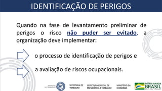 Quando na fase de levantamento preliminar de
perigos o risco não puder ser evitado, a
organização deve implementar:
o processo de identificação de perigos e
a avaliação de riscos ocupacionais.
IDENTIFICAÇÃO DE PERIGOS
 