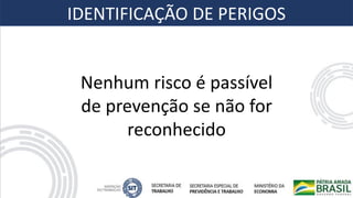Nenhum risco é passível
de prevenção se não for
reconhecido
IDENTIFICAÇÃO DE PERIGOS
 