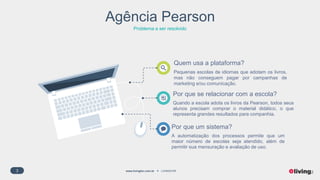3 www.livingfor.com.br LIVINGFOR
Agência Pearson
Problema a ser resolvido
Por que se relacionar com a escola?
Quando a escola adota os livros da Pearson, todos seus
alunos precisam comprar o material didático, o que
representa grandes resultados para companhia.
Por que um sistema?
A automatização dos processos permite que um
maior número de escolas seja atendido, além de
permitir sua mensuração e avaliação de uso.
Quem usa a plataforma?
Pequenas escolas de idiomas que adotam os livros,
mas não conseguem pagar por campanhas de
marketing e/ou comunicação.
 