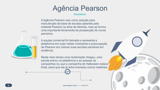 8 www.livingfor.com.br LIVINGFOR
Agência Pearson
Resultados
A Agência Pearson veio como solução para
manutenção da base de escolas optantes pela
material Pearson na área de idiomas, mas se tornou
uma importante ferramenta de prospecção de novos
parceiros.
A equipe comercial foi treinada e apresenta a
plataforma em suas visitas mostrando a preocupação
da Pearson em colocar suas escolas parceiras em
evidência.
Neste meio tempo uma reclamação chegou, uma
escola entrou na plataforma e ao acessar as
campanhas viu que a campanha de Halloween estava
linda, pena que ela já tinha impresso outros materiais.
 