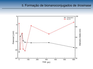 5. Formação de bionanoconjugados de tirosinase 
0 100 200 300 400 500 600 
TYR (μL) 
0 
-5 
-10 
-15 
-20 
-25 
Potencial % (mV) 
100 
80 
60 
40 
20 
Diâmetro médio (nm) 
Potencial % 
D.L.S. 
 
