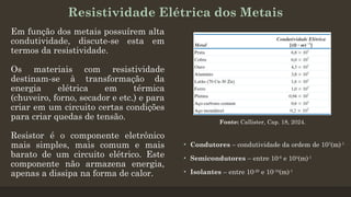 Resistividade Elétrica dos Metais
Em função dos metais possuírem alta
condutividade, discute-se esta em
termos da resistividade.
Os materiais com resistividade
destinam-se à transformação da
energia elétrica em térmica
(chuveiro, forno, secador e etc.) e para
criar em um circuito certas condições
para criar quedas de tensão.
Resistor é o componente eletrônico
mais simples, mais comum e mais
barato de um circuito elétrico. Este
componente não armazena energia,
apenas a dissipa na forma de calor.
• Condutores – condutividade da ordem de 107
(m)-1
• Semicondutores – entre 10-6
e 104
(m)-1
• Isolantes – entre 10-20
e 10-10
(m)-1
Fonte: Callister, Cap. 18, 2024.
 