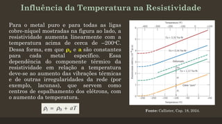 Influência da Temperatura na Resistividade
Para o metal puro e para todas as ligas
cobre-níquel mostradas na figura ao lado, a
resistividade aumenta linearmente com a
temperatura acima de cerca de –200o
C.
Dessa forma, em que ρ0 e a são constantes
para cada metal específico. Essa
dependência do componente térmico da
resistividade em relação a temperatura
deve-se ao aumento das vibrações térmicas
e de outras irregularidades da rede (por
exemplo, lacunas), que servem como
centros de espalhamento dos elétrons, com
o aumento da temperatura.
Fonte: Callister, Cap. 18, 2024.
 