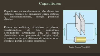 Capacitores
Capacitores ou condensadores são elementos
elétricos capazes de armazenar carga elétrica
e, consequentemente, energia potencial
elétrica.
Podem ser esféricos, cilíndricos ou planos,
constituindo-se de dois condutores
denominados armaduras que, ao serem
eletrizados, num processo de indução total,
armazenam cargas elétricas de mesmo valor
absoluto, porém de sinais contrários.
Fonte: Arantes Vera, 2018.
 