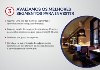 AVALIAMOS OS MELHORES
SEGMENTOS PARA INVESTIR
Fazemos uma lista dos melhores segmentos e
oportunidades de franquia do mercado;
Fazemos estudo de crescimento nos últimos 10 anos e
potencial de crescimento para os próximos 20, 30 anos;
Dividimos por grupo e categorias;
Com base na sua impressão de cada um desses
segmentos, se eles atendem os critérios desejados
e se você identiﬁca-se com eles.
3
 