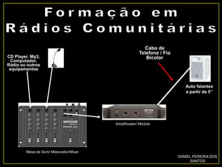 CD Player, Mp3,
Computador,
Rádio ou outros
equipamentos
Auto falantes
a partir de 5’’
Cabo de
Telefone / Fio
Bicolor
Mesa de Som/ Misturador/Mixer
DANIEL PEREIRA DOS
SANTOS
Amplificador/ Módulo
 