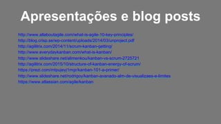 Apresentações e blog posts
http://www.allaboutagile.com/what-is-agile-10-key-principles/
http://blog.crisp.se/wp-content/uploads/2014/03/unproject.pdf
http://agilitrix.com/2014/11/scrum-kanban-getting/
http://www.everydaykanban.com/what-is-kanban/
http://www.slideshare.net/alimenkou/kanban-vs-scrum-2725721
http://agilitrix.com/2015/10/structure-of-kanban-energy-of-scrum/
https://prezi.com/mtpujeyj1mgr/kanban-101-a-primer/
http://www.slideshare.net/rodrigoy/kanban-avanado-alm-de-visualizaes-e-limites
https://www.atlassian.com/agile/kanban
 