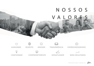 A P R E S E N T A Ç Ã O C O M E R C I A L
HUMILDADE RESPEITO AMIZADE TRANSPARÊNCIA EMPREENDEDORISMO
CRIATIVIDADE COMPROMETIMENTO VERSATILIDADE BONS-RESULTADOS
N O S S O S
V A L O R E S
 