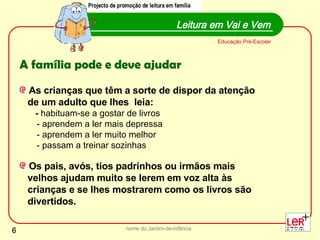 nome do Jardim-de-infância Leitura em Vai e Vem Projecto de promoção de leitura em família Educação Pré-Escolar A família pode e deve ajudar As crianças que têm a sorte de dispor da atenção  de um adulto que lhes  leia:  -  habituam-se a gostar de livros  - aprendem a ler mais depressa  - aprendem a ler muito melhor  - passam a treinar sozinhas Os pais, avós, tios padrinhos ou irmãos mais  velhos ajudam muito se lerem em voz alta às  crianças e se lhes mostrarem como os livros são  divertidos.   Projecto de promoção de leitura em família 