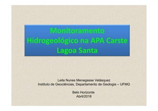 Monitoramento
Hidrogeológico na APA Carste
Lagoa Santa
Leila Nunes Menegasse Velásquez
Instituto de Geociências, Departamento de Geologia – UFMG
Belo Horizonte
Abril/2018
 