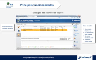 Execução das ocorrências e ações
Principais funcionalidades
Controle estimado e
realizado das ações
Status das ações:
ü  Não iniciado –
Bola branca
ü  Em andamento –
Seta amarela
ü  Concluída –
Quadrado verde
ü  Suspensa –
Riscos cinzas
 