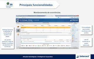 Monitoramento de ocorrências
Principais funcionalidades
Workload apresenta
a distribuição de
ocorrências por
usuários e por
etapas.
Isto permite
gerenciar a carga de
trabalho no processo
de atendimento de
ocorrências.
Funcionalidades
para transferir
ocorrências entre
usuários
Lista de
ocorrências do
usuário
selecionado
 