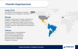 Filosofia Organizacional
Visão 2018
Ser referência internacional em soluções
tecnológicas para a inteligência corporativa.
Missão
Pesquisar, desenvolver e entregar soluções com
qualidade e colaboração às organizações que
buscam a excelência em gestão, proporcionando
valorização e crescimento sustentável dos clientes,
unidades, parceiros, colaboradores, fornecedores e
sociedade.
Valores
Competitividade e Sustentabilidade
Comprometimento e Qualidade
Ética e Responsabilidade Social
Inovação e Empreendedorismo
Relacionamento e Colaboração
Respeito e Confiança
 