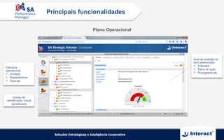 Plano Operacional
Principais funcionalidades
Área de exibição do
item selecionado:
ü  Indicador
ü  Plano de ação
ü  Fluxograma etc.
Ícones de
identificação visual
da estrutura
Estrutura
operacional:
ü  Unidade
ü  Departamento
ü  Área etc.
 
