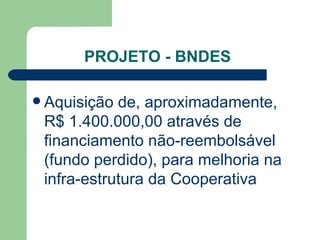 PROJETO - BNDES

 Aquisição de, aproximadamente,
 R$ 1.400.000,00 através de
 financiamento não-reembolsável
 (fundo perdido), para melhoria na
 infra-estrutura da Cooperativa
 
