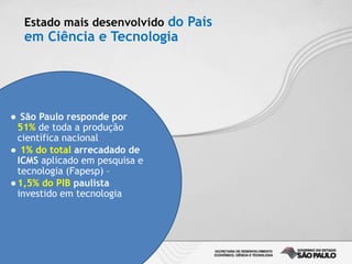 Estado mais desenvolvido do País
em Ciência e Tecnologia
● São Paulo responde por
51% de toda a produção
científica nacion...