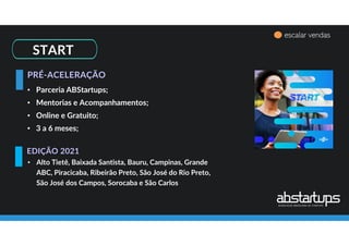 START
• Alto Tietê, Baixada Santista, Bauru, Campinas, Grande
ABC, Piracicaba, Ribeirão Preto, São José do Rio Preto,
São José dos Campos, Sorocaba e São Carlos
• Parceria ABStartups;
• Mentorias e Acompanhamentos;
• Online e Gratuito;
• 3 a 6 meses;
EDIÇÃO 2021
PRÉ-ACELERAÇÃO
escalar vendas
 