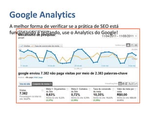 Google Analytics
A melhor forma de verificar se a prática de SEO está
funcionando é testando, use o Analytics do Google!
 