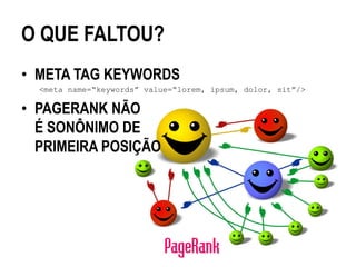 O QUE FALTOU?
• META TAG KEYWORDS
  <meta name=“keywords” value=“lorem, ipsum, dolor, sit”/>

• PAGERANK NÃO
  É SONÔNIMO DE
  PRIMEIRA POSIÇÃO
 