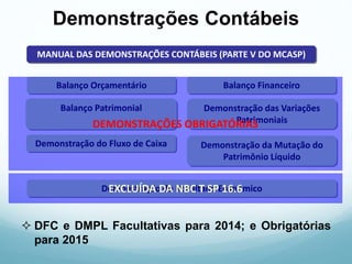MANUAL DAS DEMONSTRAÇÕES CONTÁBEIS (PARTE V DO MCASP)
Balanço Orçamentário Balanço Financeiro
Balanço Patrimonial Demonstração das Variações
Patrimoniais
Demonstração do Fluxo de Caixa
Demonstração do Resultado Econômico
Demonstração da Mutação do
Patrimônio Líquido
DEMONSTRAÇÕES OBRIGATÓRIAS
EXCLUÍDA DA NBC T SP 16.6
Demonstrações Contábeis
 DFC e DMPL Facultativas para 2014; e Obrigatórias
para 2015
 