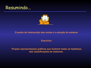 Resumindo…

O ponto de intersecção das rectas é a solução do sistema.

Exercício:

Propõe representações gráficas que ilustrem todas as hipóteses
das classificações de sistemas.

 
