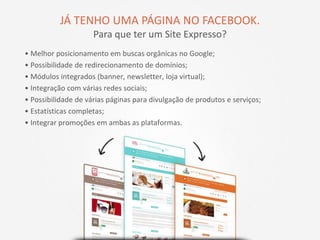 • Melhor posicionamento em buscas orgânicas no Google;
• Possibilidade de redirecionamento de domínios;
• Módulos integrados (banner, newsletter, loja virtual);
• Integração com várias redes sociais;
• Possibilidade de várias páginas para divulgação de produtos e serviços;
• Estatísticas completas;
• Integrar promoções em ambas as plataformas.
JÁ TENHO UMA PÁGINA NO FACEBOOK.
Para que ter um Site Expresso?
 