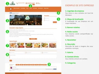 1. Logotipo da empresa
Sua marca e seus contatos em local de
destaque.
2. Mapa de localização
A localização da sua empresa em um
mapa interativo.
3. Banner rotativo
4. Redes sociais
Sua empresa sendo compartilhada nas
redes sociais.
5. Newsletter
6. Descrição
Descrição de texto e imagens dos seus
produtos e serviços.
7. Galeria
8. Contato direto
Seus clientes entram em contato.
9. Categorias
1
2
3
4
5
6
7
8
9
EXEMPLO DE SITE EXPRESSO
 