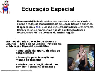 AEE Atendimento Educacional Especializado (2008)
Educação Especial
É uma modalidade de ensino que perpassa todos os níveis e
etapas e todas as modalidades da educação básica e superior.
Disponibiliza o AEE e os recursos próprios desse atendimento.
Orienta alunos e professores quanto à utilização desses
recursos nas turmas comuns do ensino regular
Na modalidade Educação de Jovens e
Adultos - EJA e na Educação Profissional,
a Educação Especial possibilita:
- ampliação de oportunidades de
escolarização
- formação para inserção no
mundo do trabalho
- efetiva participação de alunos
com deficiência na sociedade
 