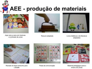 AEE - produção de materiais
Jogo cara a cara com texturas
e contraste de cores
Tesoura adaptada Livros didáticos e de literatura
adaptados
Revisão do texto transcrito para
o Braille
Pasta de comunicação Material pedagógico para o
ensino da Libras
 