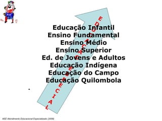 AEE Atendimento Educacional Especializado (2008)
Educação Infantil
Ensino Fundamental
Ensino Médio
Ensino Superior
Ed. de Jovens e Adultos
Educação Indígena
Educação do Campo
Educação Quilombola
 