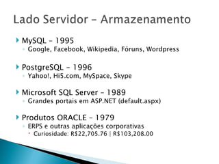 MySQL – 1995 Google, Facebook, Wikipedia, Fóruns, Wordpress PostgreSQL - 1996 Yahoo!, Hi5.com, MySpace, Skype Microsoft SQL Server – 1989 Grandes portais em ASP.NET (default.aspx) Produtos ORACLE – 1979 ERPS e outras aplicações corporativas Curiosidade: R$22,705.76 | R$103,208.00 