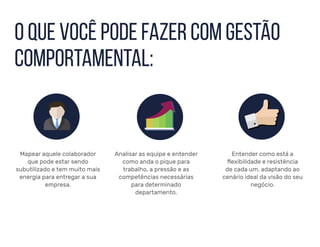 O que você pode fazer com GESTÃO
Comportamental:
Mapear aquele colaborador
que pode estar sendo
subutilizado e tem muito mais
energia para entregar a sua
empresa.
Analisar as equipe e entender
como anda o pique para
trabalho, a pressão e as
competências necessárias
para determinado
departamento.
Entender como está a
flexibilidade e resistência
de cada um, adaptando ao
cenário ideal da visão do seu
negócio.
 