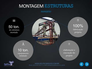 WWW.APLITECSERVICE.COM.BR
Phone: (31) 3355 4617 | e-mail: philippe@aplitecservice.com.br
50 ton.
de estrutura
montada
=
elaboração e
execução do
projeto
100%
fabricação
própria
10 ton.
equipamento
instalado
Å
MONTAGEMESTRUTURAS
sumário
 