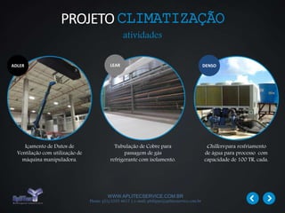 WWW.APLITECSERVICE.COM.BR
Phone: (31) 3355 4617 | e-mail: philippe@aplitecservice.com.br
Içamento de Dutos de
Ventilação com utilização de
máquina manipuladora.
Tubulação de Cobre para
passagem de gás
refrigerante com isolamento.
Chillers para resfriamento
de água para processo com
capacidade de 100 TR, cada.
ADLER LEAR DENSO
PROJETOCLIMATIZAÇÃO
atividades
 