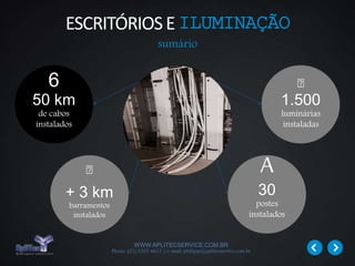 WWW.APLITECSERVICE.COM.BR
Phone: (31) 3355 4617 | e-mail: philippe@aplitecservice.com.br
50 km
de cabos
instalados
6
30
postes
instalados
A
1.500
luminárias
instaladas
+ 3 km
barramentos
instalados
ESCRITÓRIOSE ILUMINAÇÃO
sumário
 