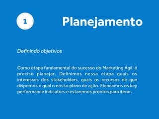 1

Planejamento

Deﬁnindo objetivos
Como etapa fundamental do sucesso do Marketing Ágil, é
preciso planejar. Deﬁnimos nessa etapa quais os
interesses dos  stakeholders, quais os recursos de que
dispomos e qual o nosso plano de ação. Elencamos os key
performance indicators e estaremos prontos para iterar.

 