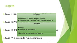 Projeto
FASE I: Programando com o Microsoft Kinect
FASE II: Programando com o Arduino Uno
FASE III: Integração Microsoft Kinect - Arduino Uno
FASE IV: Ajustes de Funcionamento
Desafios
Adquirir conhecimento sobre a linguagem C#
Aprender a utilizar o Microsoft Visual Studio
Desenvolver interface natural de usuário
Envio dos “returns”
Desafios
Adaptação/elaboração de códigos
Processamento dos “returns” recebidos da fase I
Executar os comandos do usuário
Desafios
Varredura da porta USB pelo Arduino
Conversão dos “returns” para códigos em ASCII
Construção da maquete de demonstração
Desafios
Testes
Otimização do sistema
 